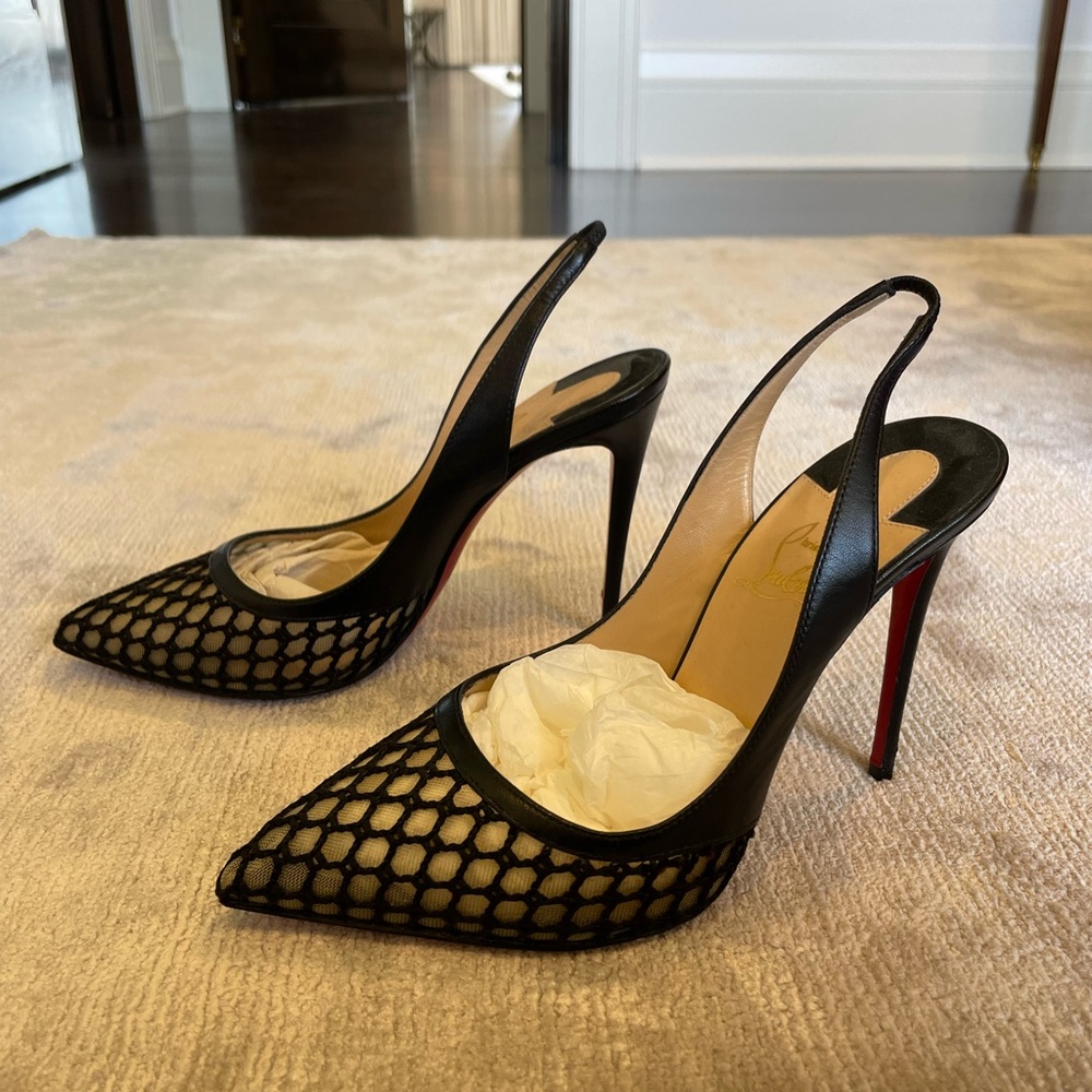 Christian Louboutin Black Leather And Mesh Miluna Slingback Sandals Size 37 - Picture 8 of 8